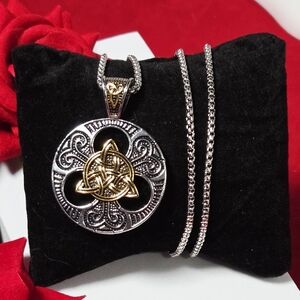 Celtic Cross Trinity Knot Medallion Necklace Silver Gold Titanium Steel 24" NIP